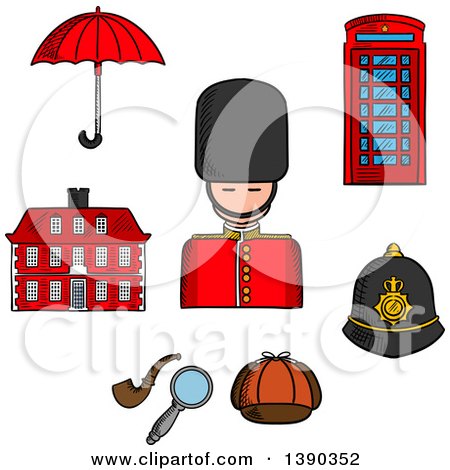 Clipart of a Sketched British Guard Soldier, Telephone Booth, Police Helmet, Detective Cap, Pipe and Magnifier, Umbrella and Old Building - Royalty Free Vector Illustration by Vector Tradition SM