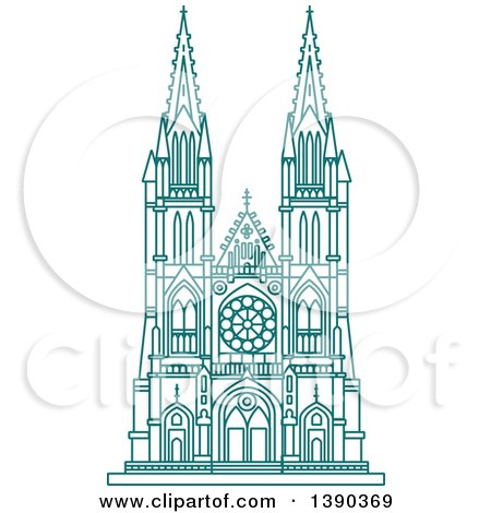 Clipart of a Turquoise Lineart Styled Landmark, Burgos Cathedral - Royalty Free Vector Illustration by Vector Tradition SM