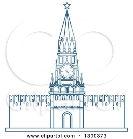 Clipart of a Blue Lineart Styled Landmark, Kremlin Wall with Clock Tower - Royalty Free Vector Illustration by Vector Tradition SM