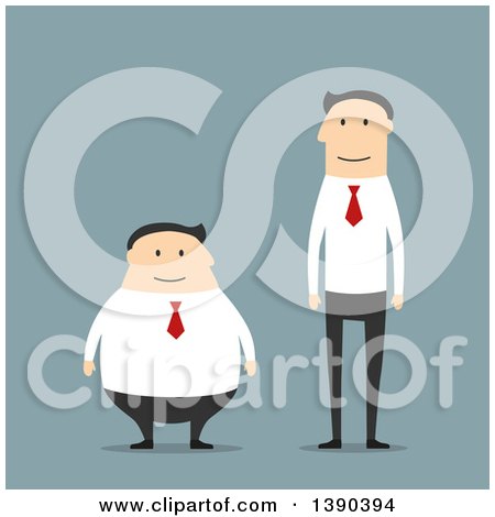 Clipart of Flat Design Opposite Short and Fat and Tall and Thin White Business Men, on Blue - Royalty Free Vector Illustration by Vector Tradition SM