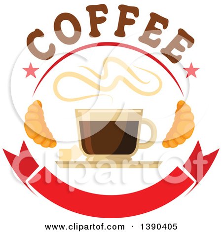 Clipart of a Hot Espresso Coffee Drink in a Glass, with Text, Croissants and a Blank Banner - Royalty Free Vector Illustration by Vector Tradition SM