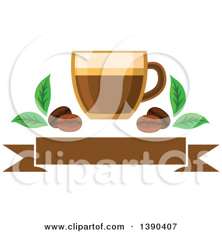 Clipart of a Latte Coffee Drink in a Glass, with Leaves and Beans over a Blank Banner - Royalty Free Vector Illustration by Vector Tradition SM