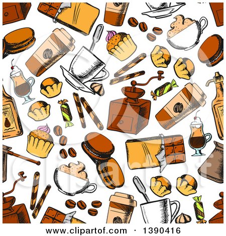 Clipart of a Seamless Background Pattern of Sketched Sweets and Coffee - Royalty Free Vector Illustration by Vector Tradition SM