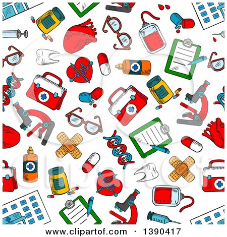Clipart of a Seamless Background Pattern of Sketched Medical Items - Royalty Free Vector Illustration by Vector Tradition SM