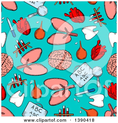 Clipart of a Seamless Background Pattern of Sketched Human Organs and Medical Items on Turquoise - Royalty Free Vector Illustration by Vector Tradition SM