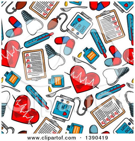 Clipart of a Seamless Background Pattern of Sketched Cardiology Items - Royalty Free Vector Illustration by Vector Tradition SM
