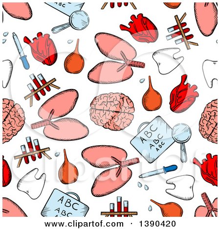 Clipart of a Seamless Background Pattern of Sketched Dental, Medical and Organ Items - Royalty Free Vector Illustration by Vector Tradition SM