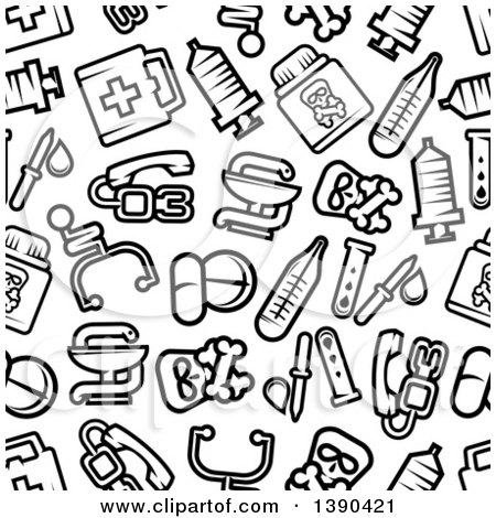 Clipart of a Seamless Background Pattern of Black and White Medical and Pharmaceutical Items - Royalty Free Vector Illustration by Vector Tradition SM