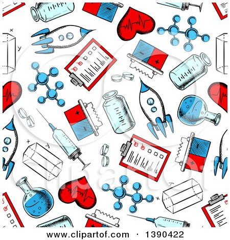 Clipart of a Seamless Background Pattern of Sketched Science, Medicine and Research Items - Royalty Free Vector Illustration by Vector Tradition SM