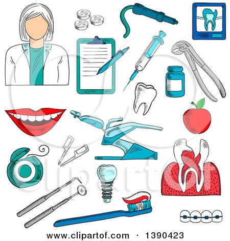 Clipart of a Sketched White Female Dentist and Accessories - Royalty Free Vector Illustration by Vector Tradition SM