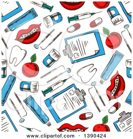 Clipart of a Seamless Background Pattern of Sketched Dental Items - Royalty Free Vector Illustration by Vector Tradition SM