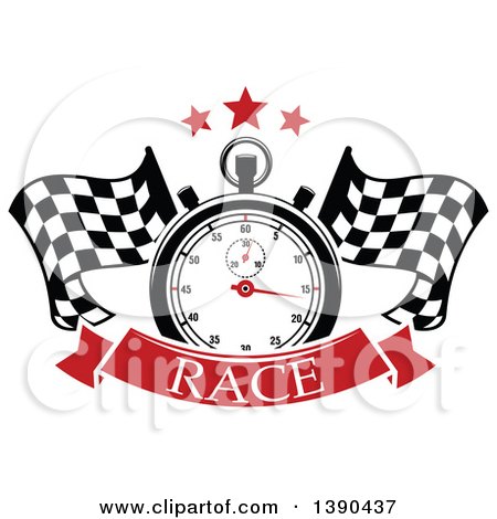 Clipart of a Racing Stopwatch and Stars over Crossed Checkered Flags and a Banner with Text - Royalty Free Vector Illustration by Vector Tradition SM