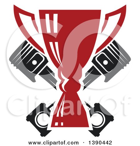 Clipart of a Red Trophy with a White Outline over Crossed Pistons - Royalty Free Vector Illustration by Vector Tradition SM