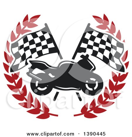 Clipart of a Motorcycle over Crossed Checkered Racing Flags in a Red Wreath - Royalty Free Vector Illustration by Vector Tradition SM