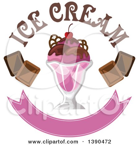 Clipart of a Cherry and Chocolate Ice Cream Sundae Dessert with Text and a Blank Banner - Royalty Free Vector Illustration by Vector Tradition SM