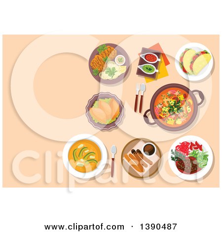 Clipart of Argentine Cuisine with Cazuela and Seafood, Empanadas and Vegetarian Tortillas, Soup Locro with Avocado and Beef Shank Ossobuco, Pork Chop Milanese, Sauce Boats with Tuco and Chimichurri Sauces, Hot Chocolate with Churros - Royalty Free Vecto by Vector Tradition SM