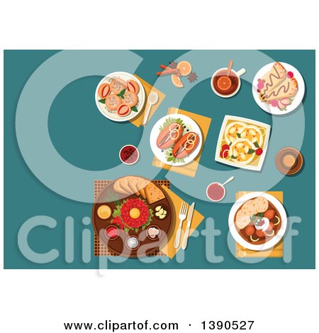 Clipart of Traditional Czech Steak Tartare Served on Plate with Raw Egg Yolk, Toasted Bread and Condiments and Sirloin with Dumplings, Pickled Sausages with Pickles and Spicy Fried Bread, Strawberry Dumplings and Pancakes Filled with Fruits, Beer Bottle by Vector Tradition SM