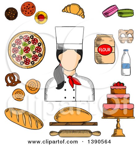 Clipart of a Sketched Female Baker with Goods - Royalty Free Vector Illustration by Vector Tradition SM