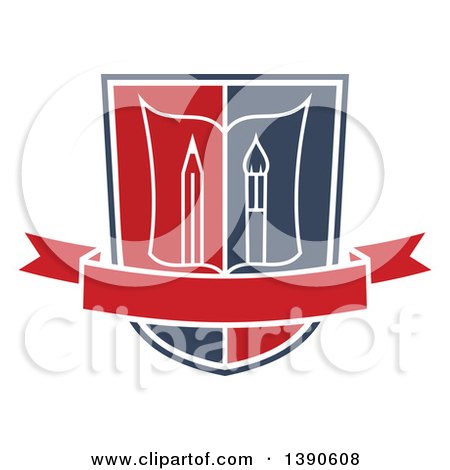 Clipart of a College or University Design of a Book with a Pencil and Paintbrush in a Shield - Royalty Free Vector Illustration by Vector Tradition SM