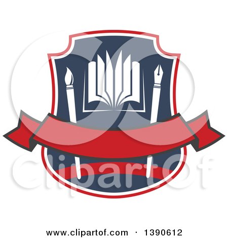Clipart of a College or University Design of an Open Book with a Pen and Paintbrush in a Shield - Royalty Free Vector Illustration by Vector Tradition SM
