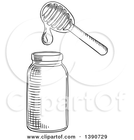 Clipart of a Black and White Sketched Honey Dipper and Jar - Royalty Free Vector Illustration by Vector Tradition SM