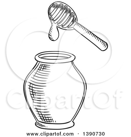 Clipart of a Black and White Sketched Honey Dipper and Jar - Royalty Free Vector Illustration by Vector Tradition SM