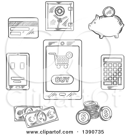 Clipart of Black and White Finance and Retail Items - Royalty Free Vector Illustration by Vector Tradition SM
