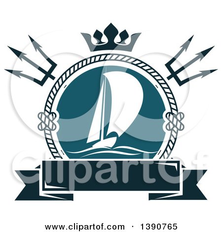 Clipart of a Nautical Design with Crossed Tridents, a Crown, Rope, a Banner and Sailboats - Royalty Free Vector Illustration by Vector Tradition SM