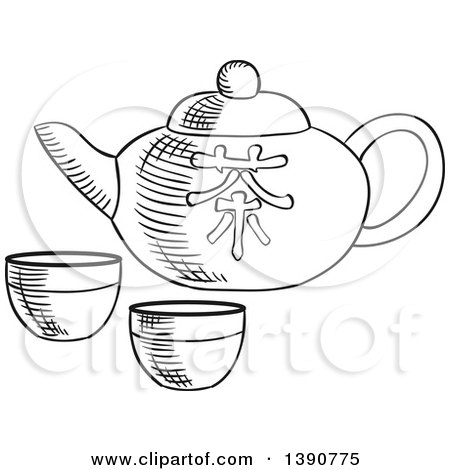 Clipart of a Black and White Sketched Asian Tea Pot and Cups - Royalty Free Vector Illustration by Vector Tradition SM