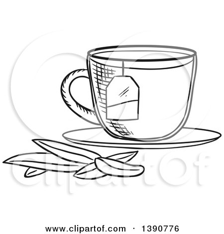 Clipart of a Black and White Sketched Tea Cup with Leaves - Royalty Free Vector Illustration by Vector Tradition SM