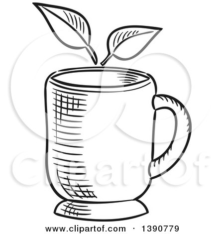 Clipart of a Black and White Sketched Tea Cup and Leaves - Royalty Free Vector Illustration by Vector Tradition SM