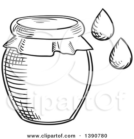 Clipart of a Black and White Sketched Honey Jar and Drops - Royalty Free Vector Illustration by Vector Tradition SM