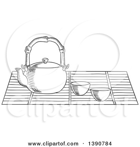 Clipart of a Black and White Sketched Tea Pot and Cups - Royalty Free Vector Illustration by Vector Tradition SM