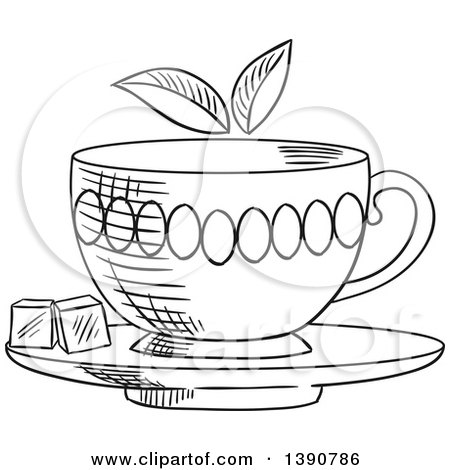 Clipart of a Black and White Sketched Tea Cup with Sugar Cubes - Royalty Free Vector Illustration by Vector Tradition SM