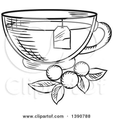 Clipart of a Black and White Sketched Tea Cup with Berries and Leaves - Royalty Free Vector Illustration by Vector Tradition SM