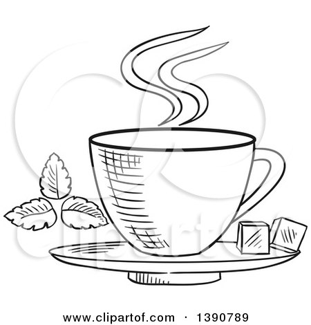 Clipart of a Black and White Sketched Tea Cup with Sugar Cubes - Royalty Free Vector Illustration by Vector Tradition SM
