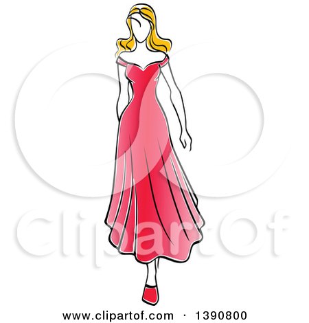 Clipart of a Sketched Blond Faceless Woman Modeling a Red Dress - Royalty Free Vector Illustration by Vector Tradition SM