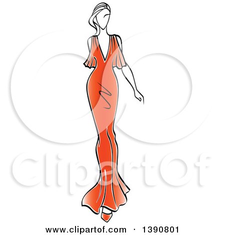 Clipart of a Sketched Faceless Woman Modeling a Red Dress - Royalty Free Vector Illustration by Vector Tradition SM