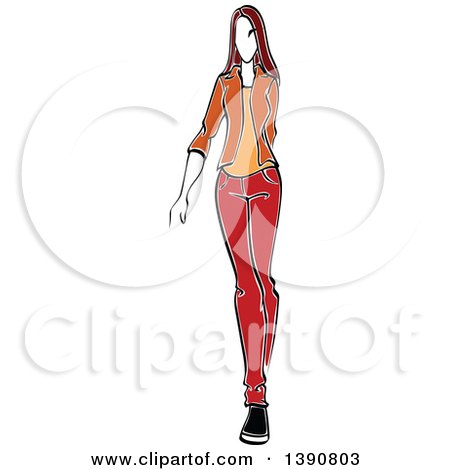 Clipart of a Sketched Brunette Faceless Woman Modeling Casual Clothes - Royalty Free Vector Illustration by Vector Tradition SM