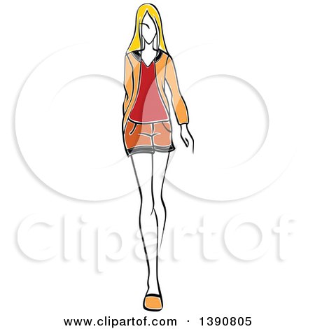 Clipart of a Sketched Blond Faceless Woman Modeling Shorts - Royalty Free Vector Illustration by Vector Tradition SM