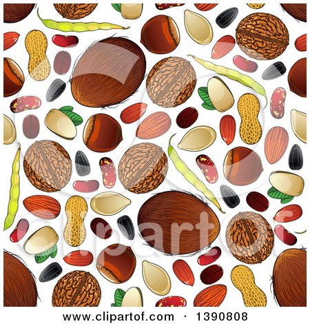 Clipart of a Seamless Background Pattern of Fruit, Nuts and Seeds - Royalty Free Vector Illustration by Vector Tradition SM