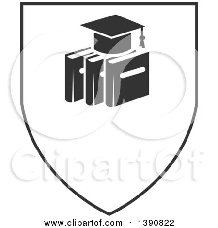 Clipart of a Dark Gray Graduation Cap over Books in a Shield - Royalty Free Vector Illustration by Vector Tradition SM