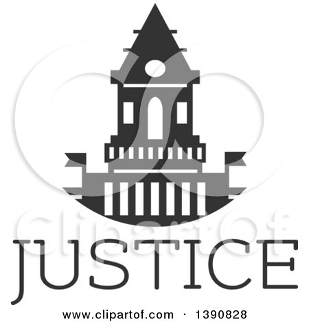 Clipart of a Dark Gray Court House over Justice Text - Royalty Free Vector Illustration by Vector Tradition SM