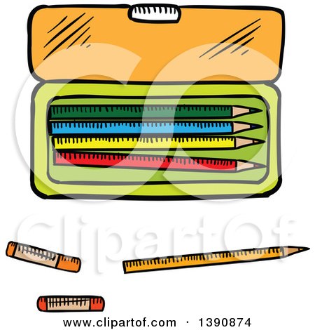 Clipart of a Sketched Case and Pencils - Royalty Free Vector Illustration by Vector Tradition SM