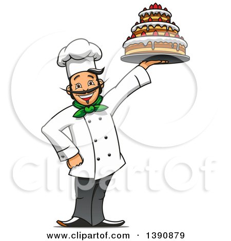 Clipart of a Cartoon Happy Male Baker Holding up a Cake - Royalty Free Vector Illustration by Vector Tradition SM