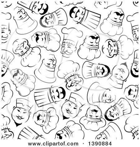 Clipart of a Seamless Background Design Pattern of Black and White Chubby Asian Male Chef Faces - Royalty Free Vector Illustration by Vector Tradition SM