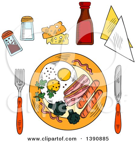 Clipart of a Sketched Breakfast of Fried Eggs, Bacon, Sausag and Broccoli, Served with Cheese, Seasonings, Ketchup and Napkins with Knife and Fork - Royalty Free Vector Illustration by Vector Tradition SM
