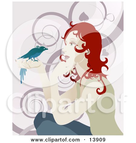 Gentle Redhead Woman Holding a Bird in Her Hand Clipart Illustration by AtStockIllustration