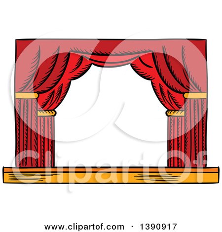 Clipart of a Sketched Empty Stage with Red Curtains - Royalty Free Vector Illustration by Vector Tradition SM