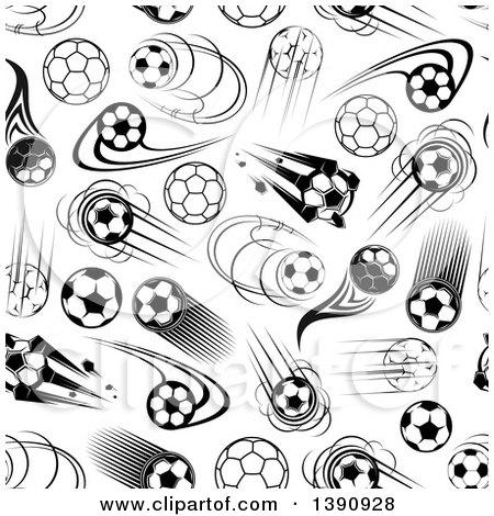 Clipart of a Seamless Background Pattern of Black and White Flying Soccer Balls - Royalty Free Vector Illustration by Vector Tradition SM